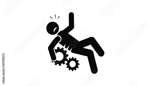 Stick figure falling towards gears representing danger or mechanical failure