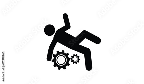 A black silhouette of a person falling with gears below