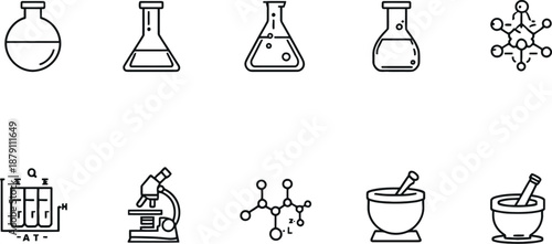 Chemistry and lab equipment icon set in black and white line style for science education and medical interface design