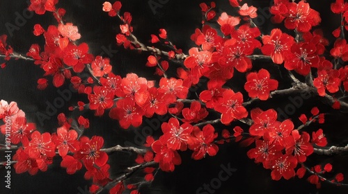 Vibrant red cherry blossoms on dark background.