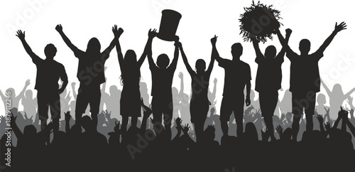 Silhouette of triumphant group holding trophy and bouquet