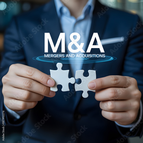 Hands Holding Puzzle Pieces Under M&A Text — Mergers and Acquisitions Concept, Corporate Dealmaking and Strategic Business Consolidation Visual