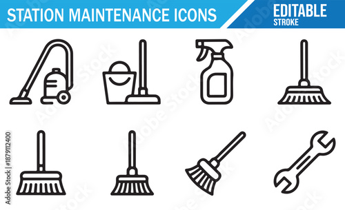 Commercial Cleaning Station and Industrial Maintenance Icon Collection.