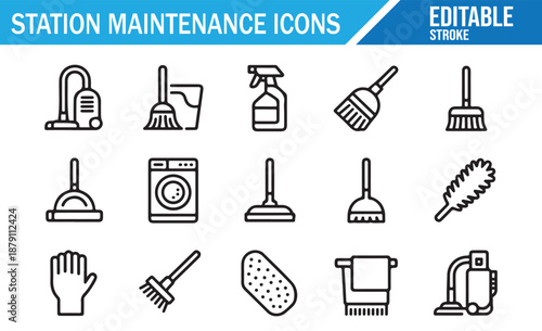 Professional Housekeeping and Facility Maintenance Outline Icons.