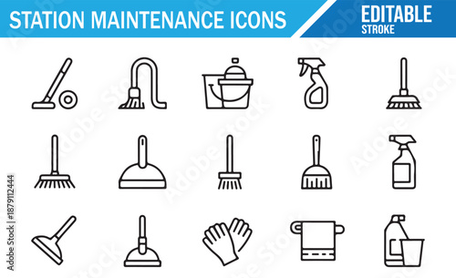 Station Maintenance and Cleaning Line Icons. Vector Illustration Set of Janitorial Tools, Brooms, Mops, Buckets, Sprays, and Vacuums. Editable Stroke Outline Symbols for Service and Hygiene.