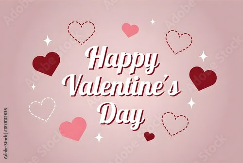 Vibrant red and pink hearts, some stitched, dance around a cheerful white valentine greeting.