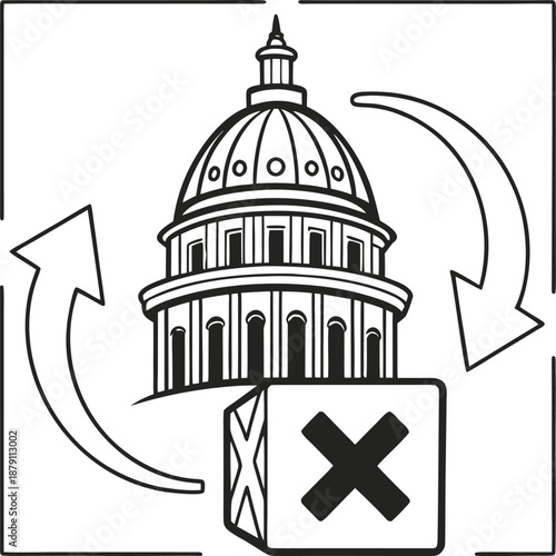 Capitol Building with Arrows: A conceptual illustration showing a building with circular arrows, symbolizing processes and flow, with a cube bearing an 'X' marking its absence or rejection.