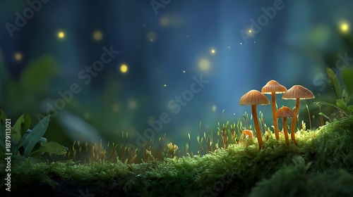 Enchanted Forest Mushrooms, Moss, and Fireflies Illuminate a Magical Woodland at Night