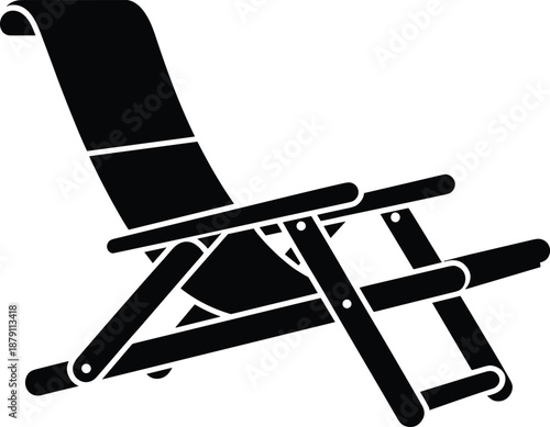 Silhouette of folding beach lounge chair, outdoor relaxation furniture, reclined seating design for summer, garden, poolside, seaside leisure comfort