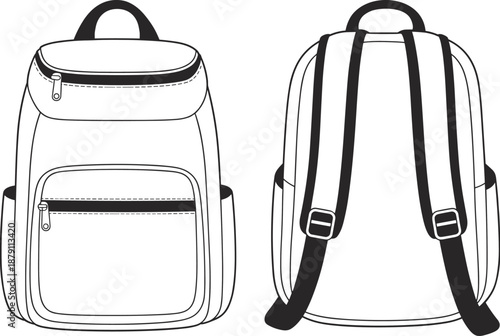 Front and back view backpack CAD drawing, flat vector illustration, modern school bag technical outline design for product specification use