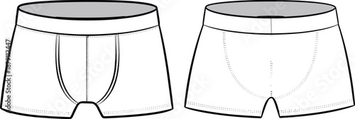 Men underwear boxer briefs CAD drawing, flat vector illustration, front and back view, fashion apparel technical design sketch