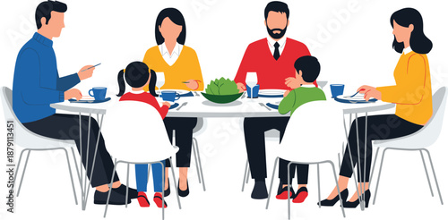 Happy multi-generational family eating a healthy dinner together at a round white table, flat vector illustration of a shared meal.