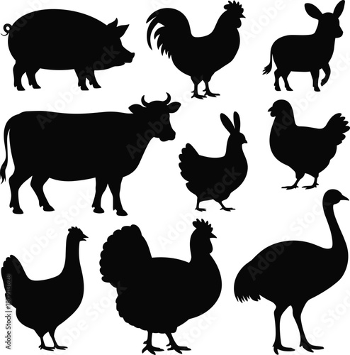 Silhouettes of farm animals including pig, cow, donkey, rooster, hen, turkey, rabbit, chicken, ostrich, agriculture illustration, nature design