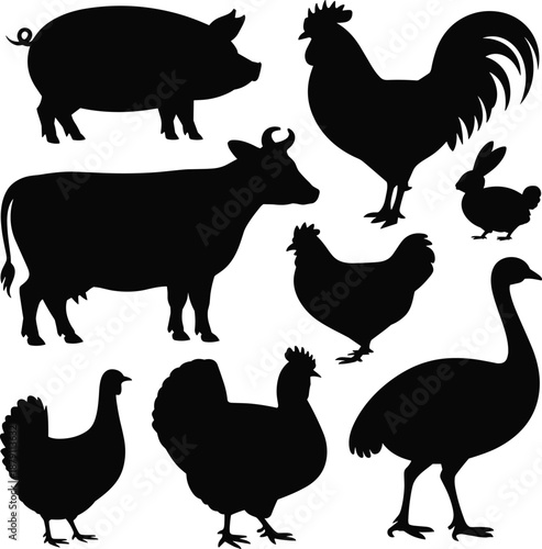 Silhouettes of farm animals including pig, cow, donkey, rooster, hen, turkey, rabbit, chicken,