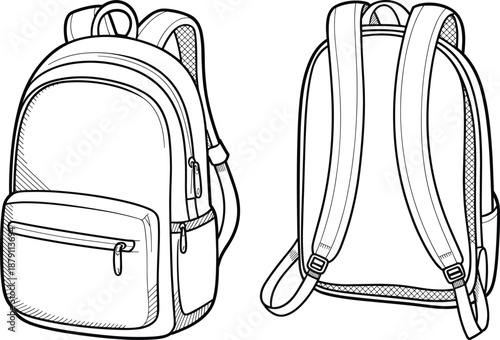 Modern backpack front and back view, technical cad drawing, flat vector illustration, school travel bag accessory design template sketch outline