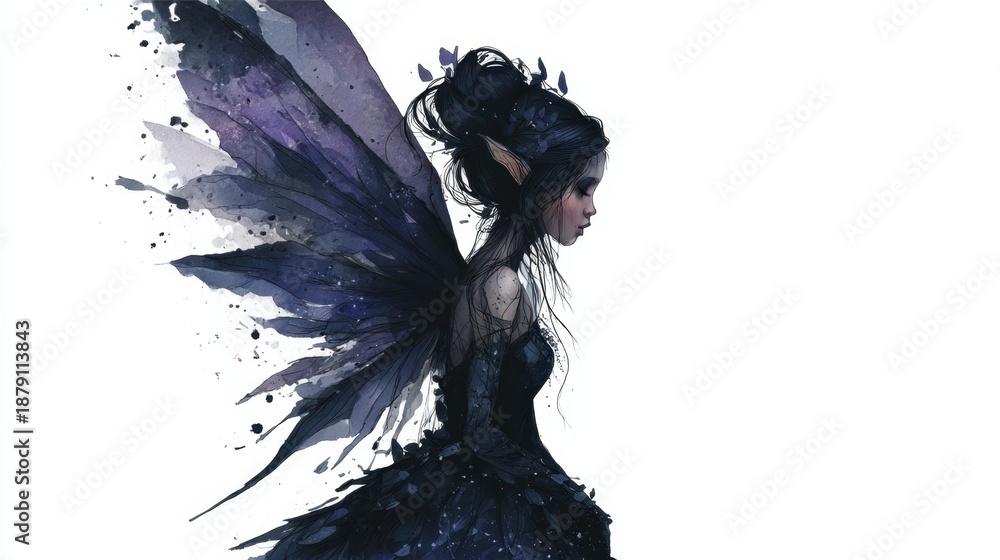 Fototapeta premium Ethereal female fairy with delicate wings in profile.