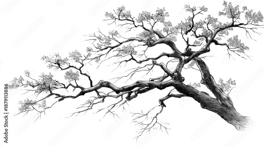Fototapeta premium Intricate black and white tree branch illustration with detailed branches and leaves.