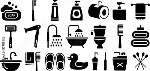Bathroom and Personal Care Icon Silhouette Vector Set Featuring Soap Toothbrush Shampoo Toilet Paper Bathtub Towel Razor and Hygiene Essentials for Daily Routine Design (24 words)