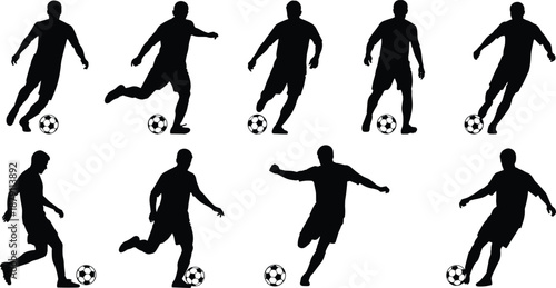 Soccer Player Silhouette Collection Football Dribbling and Kicking Action Poses Sport Black Vector Illustration Set
