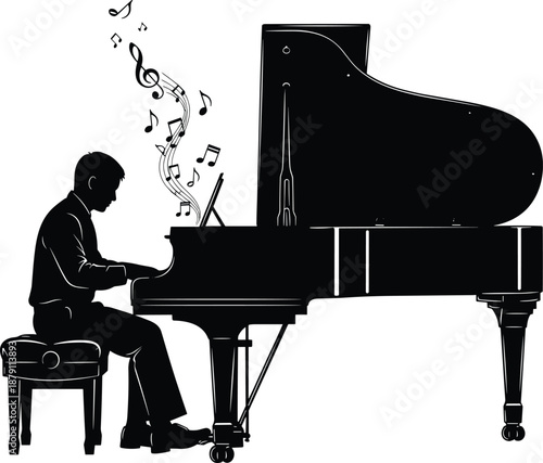 Pianist Playing Grand Piano Silhouette with Music Notes Classical Performance Concert Black Vector Illustration