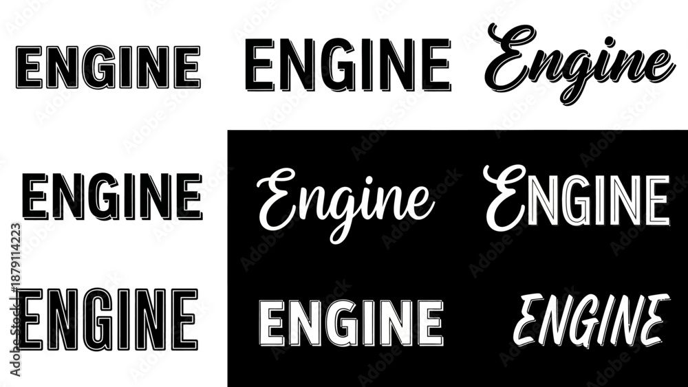 Obraz premium Collection of various engine typography designs and lettering, mechanical concept graphic, isolated white background