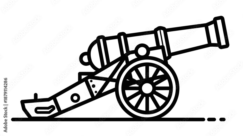 Fototapeta premium Vintage Artillery Cannon Weapon Outline on Isolated White Background