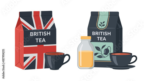 British tea packaging and accessories on a clean white background, showcasing tea bags, cups, and a bottle of milk.