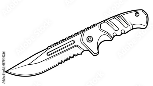 Modern tactical folding knife with serrated blade, survival and utility tool, isolated white background