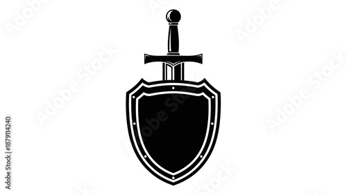 Medieval knight's shield with a sword emblem, protection and defense symbol, isolated white background