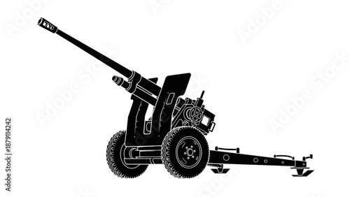 Heavy anti-aircraft cannon artillery gun on wheels, military war equipment, isolated white background