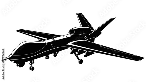 Advanced Military Unmanned Aerial Vehicle (UAV) Drone Black Silhouette on Isolated White Background