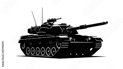 Powerful Modern Military Battle Tank Black Silhouette on Isolated White Background