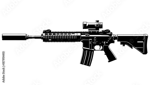 Modern Assault Rifle with Scope and Suppressor Silhouette on Isolated White Background