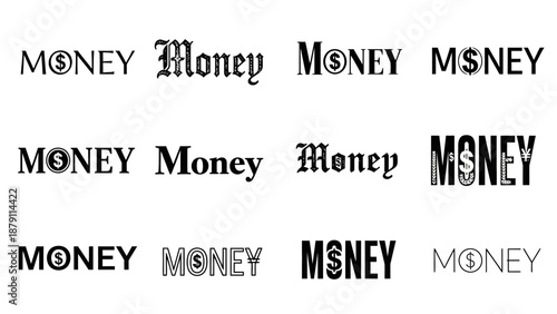 Collection of 'Money' Word Typography Designs on Isolated White Background