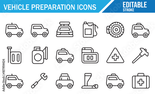Vehicle Check-Up and Road Trip Preparation Outline Symbols.