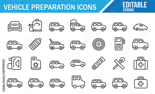 Auto Service and Repair Vector Icons, Including Tools, Fuel, and Safety Gear.