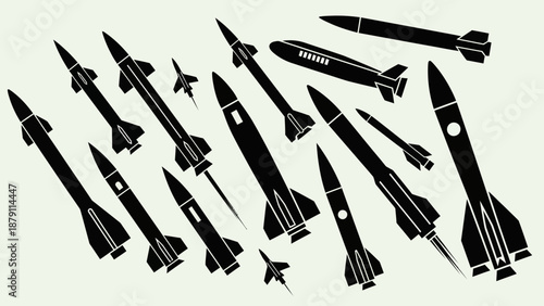 Set of Military Missiles and Rockets Silhouettes in Bright Studio
