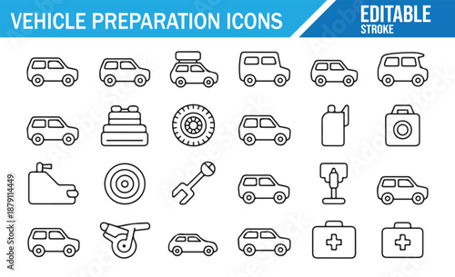 Car Maintenance and Vehicle Preparation Line Icon Set with Editable Stroke.