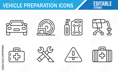 Vehicle Preparation and Maintenance Line Icons. Vector Illustration Set of Auto Service, Car Care, Fuel, Tools, and Safety Equipment Symbols. Editable Stroke.