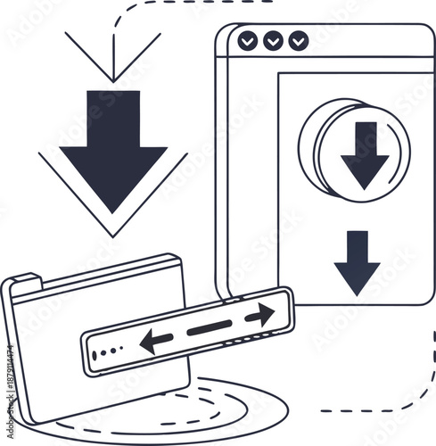 Download Digital Data: A concise graphic showcasing the process of digital data downloads, featuring arrows directing data transfer between a computer screen.