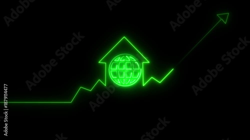 Green Neon Globe Inside House Shape with Upward Trend Line Animation 4k Alpha Channel Keywords: globe, earth, world, house, home, roof, shape, green, neon, glow, light, animation, motion, graphic