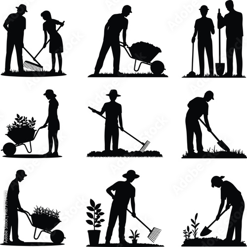 Silhouettes of people gardening, raking, digging, planting, watering, wheelbarrow tasks, horticulture illustration, outdoor farming labor, nature design art