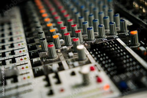 Foto Audio mixer console producing sound in studio