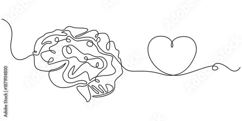 One line drawing of half of a human brain and a human heart. Vector illustration, One continuous line drawing of human brain and love heart shape logo icon. Balance. Psychological split affection.