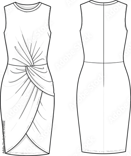 Flat vector illustration of sleeveless dress front and back technical sketch with draped waist detail, asymmetrical hem, fashion design template