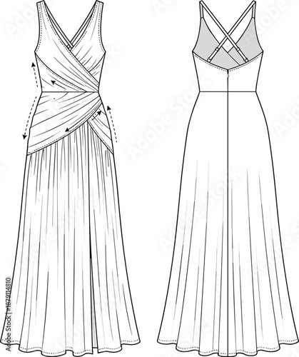 Flat vector illustration of sleeveless pleated dress front and back technical sketch with wrap bodice, crisscross straps, fashion template