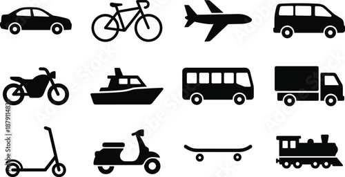 Flat vector illustration of various transportation icons including car, bike, airplane, bus, train, scooter, truck, van, skateboard, boat