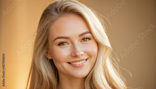 Freundliche junge Frau mit blondem Haar vor neutralem Hintergrund im Studio