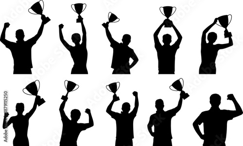 Black silhouette set of successful diverse winners holding golden trophy cups celebrating victory achievement and leadership isolated on white background for sports business concepts (25 words)