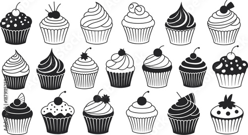 Black Cupcake Silhouette Icon Set Isolated On White Background, Vector Illustration Of Sweet Muffin Desserts With Cream And Cherries For Bakery Logo Design